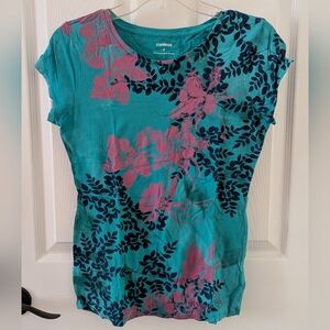 Express Turquoise and Magenta Floral Short Sleeve Top